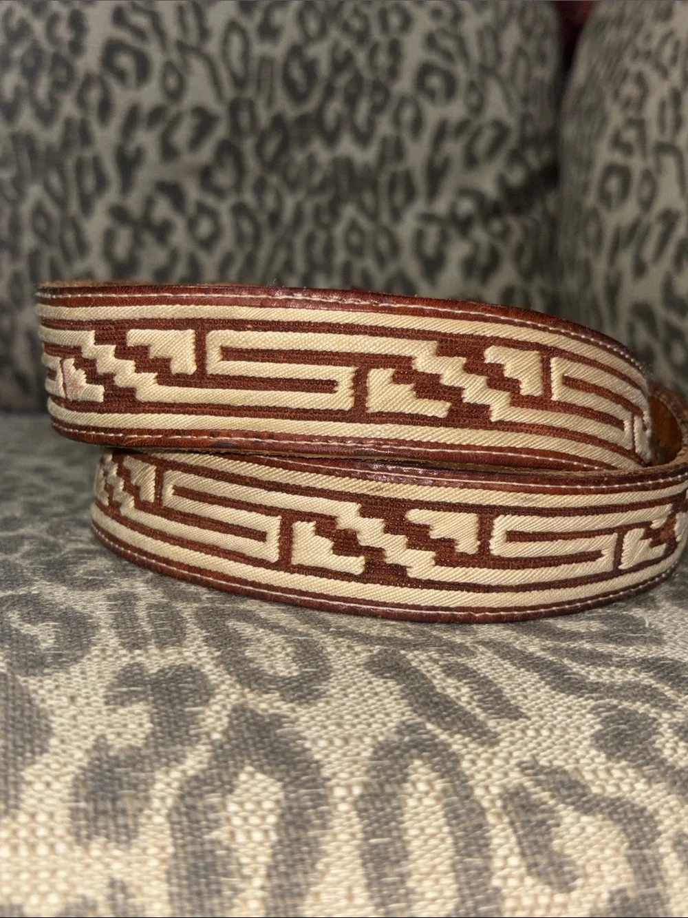 Western embroidered charro cowboy belt cream brown leather Aztec geometric 34
